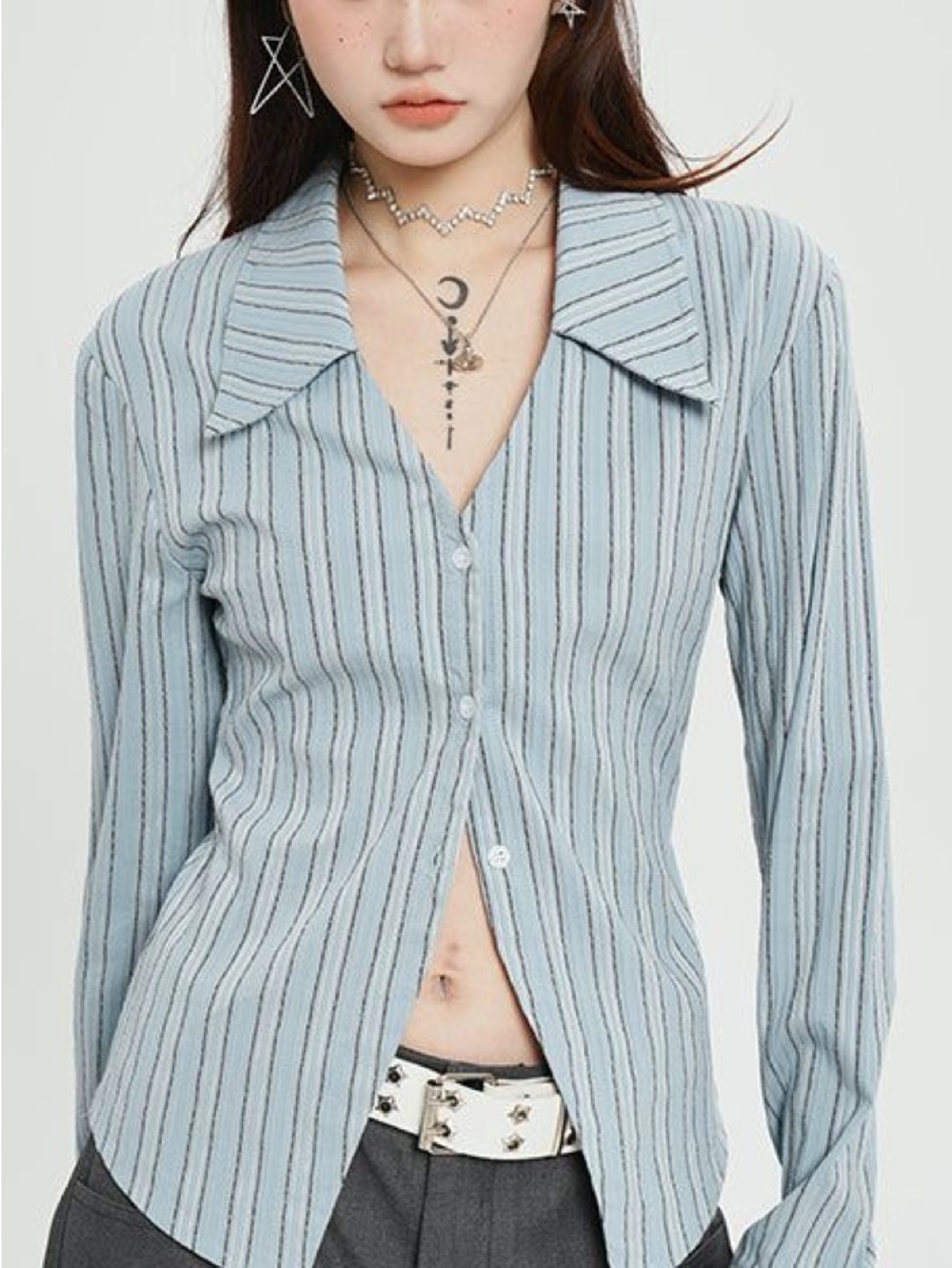 Striped Light Blue Collared Button-Down Top